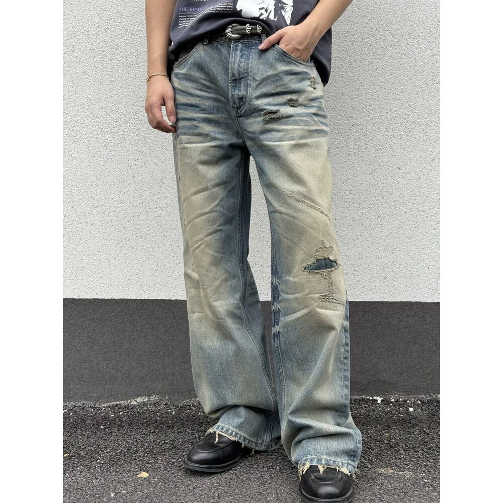 Vintage Faded Wash Distressed Ripped Wide-leg Baggy Denim Jeans Pants Blue sz 31